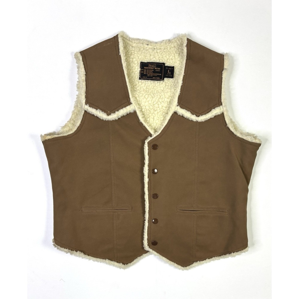 Vintage Sears Western Wear Vest  Men's Large Sherpa Lined Brown Snap Cowboy